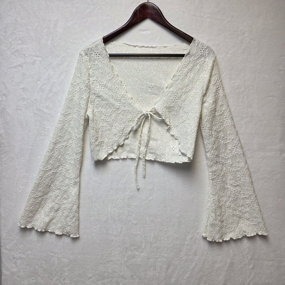 Lace Crop Cardigan White Bell Sleeve Tie Front Boho Medium Romantic Cottagecore